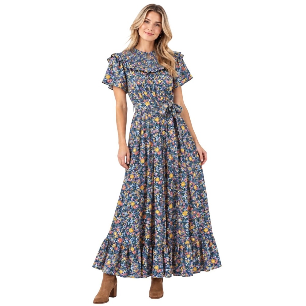 NWT Boden D0316 Blue Floral Smocked Ruffle Maxi Dress Womens Size 6R